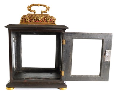 Lot 68 - NATHANIEL HODGES, IN WINE OFFICE COURT IN FLEETE STREET LONDON. A RARE JAMES I EBONY VENEERED AND MARQUETRY INLAID BASKET TOP BRACKET CLOCK