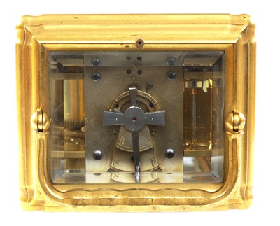 Lot 49 - ALFRED BAVEUX. A 19TH CENTURY OVERSIZED GILT BRASS GORGE CASE REPEATING CARRIAGE CLOCK