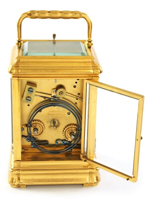 Lot 49 - ALFRED BAVEUX. A 19TH CENTURY OVERSIZED GILT BRASS GORGE CASE REPEATING CARRIAGE CLOCK