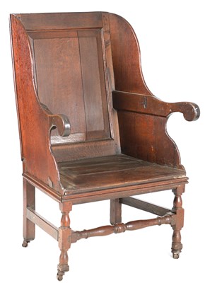 Lot 754 - AN UNUSUAL EARLY 18TH CENTURY JOINED OAK LAMBING CHAIR