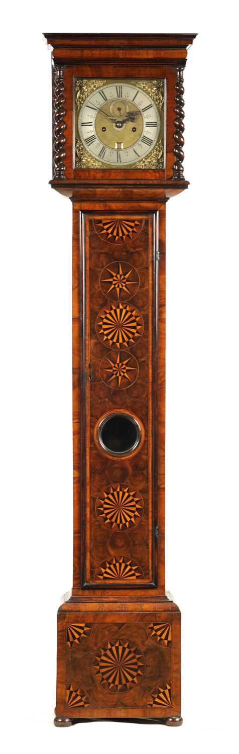 Lot 35 - WILLIAM SPEAKMAN, LONDINI FECIT. A WILLIAM AND MARY 10" OYSTER VENEERED WALNUT AND PARQUETRY LONGCASE CLOCK
