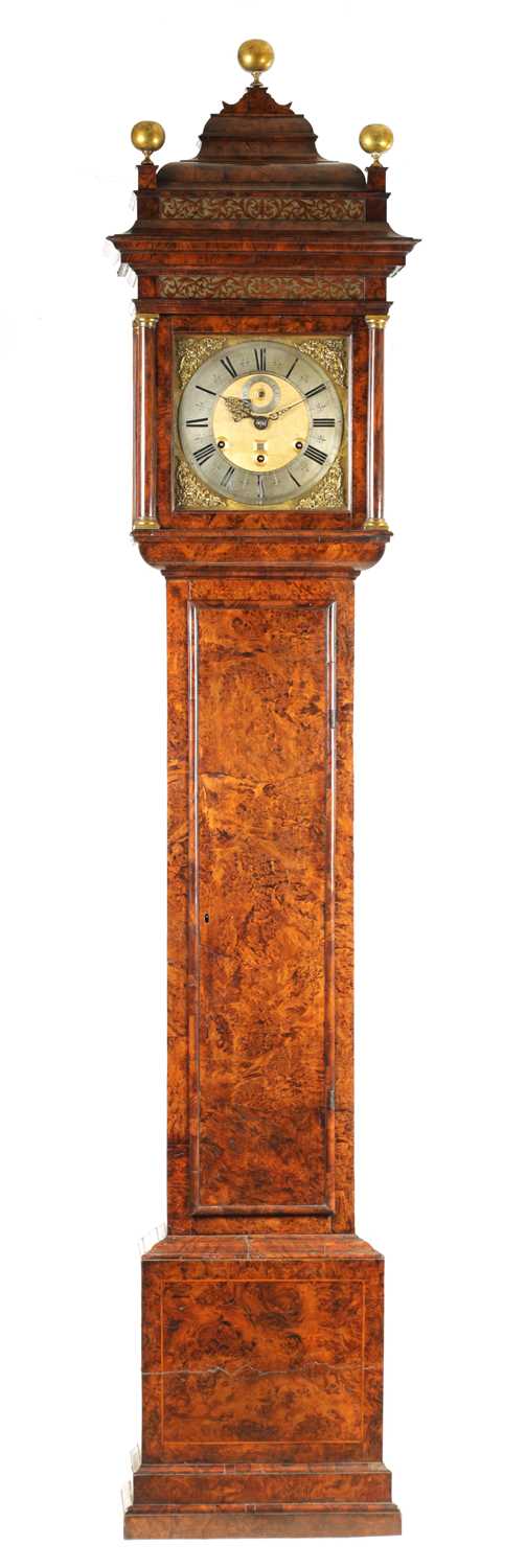 Lot 63 - DANIEL QUARE, LONDON. A FINE AND IMPORTANT QUEEN ANNE MONTH GOING QUARTER CHIMING MULBERRY VENEERED LONGCASE CLOCK CIRCA 1700