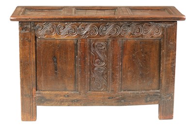 Lot 972 - A 17TH CENTURY JOINED OAK TRIPLE PANEL TOP COFFER OF SMALL SIZE