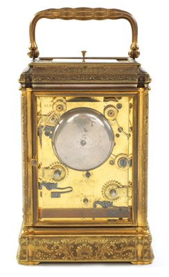 Lot 9 - A LATE 19TH CENTURY FRENCH ENGRAVED GILT BRASS GORGE CASE REPEATING CARRIAGE CLOCK
