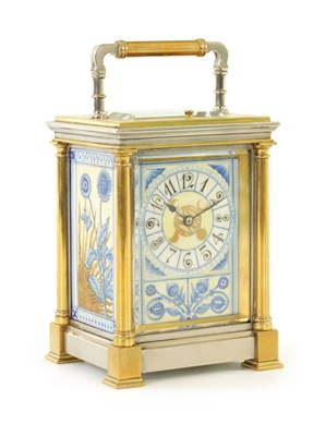 Lot 508 - A LATE 19TH CENTURY FRENCH PORCELAIN PANELLED BRASS AND SILVERED REPEATING CARRIAGE CLOCK