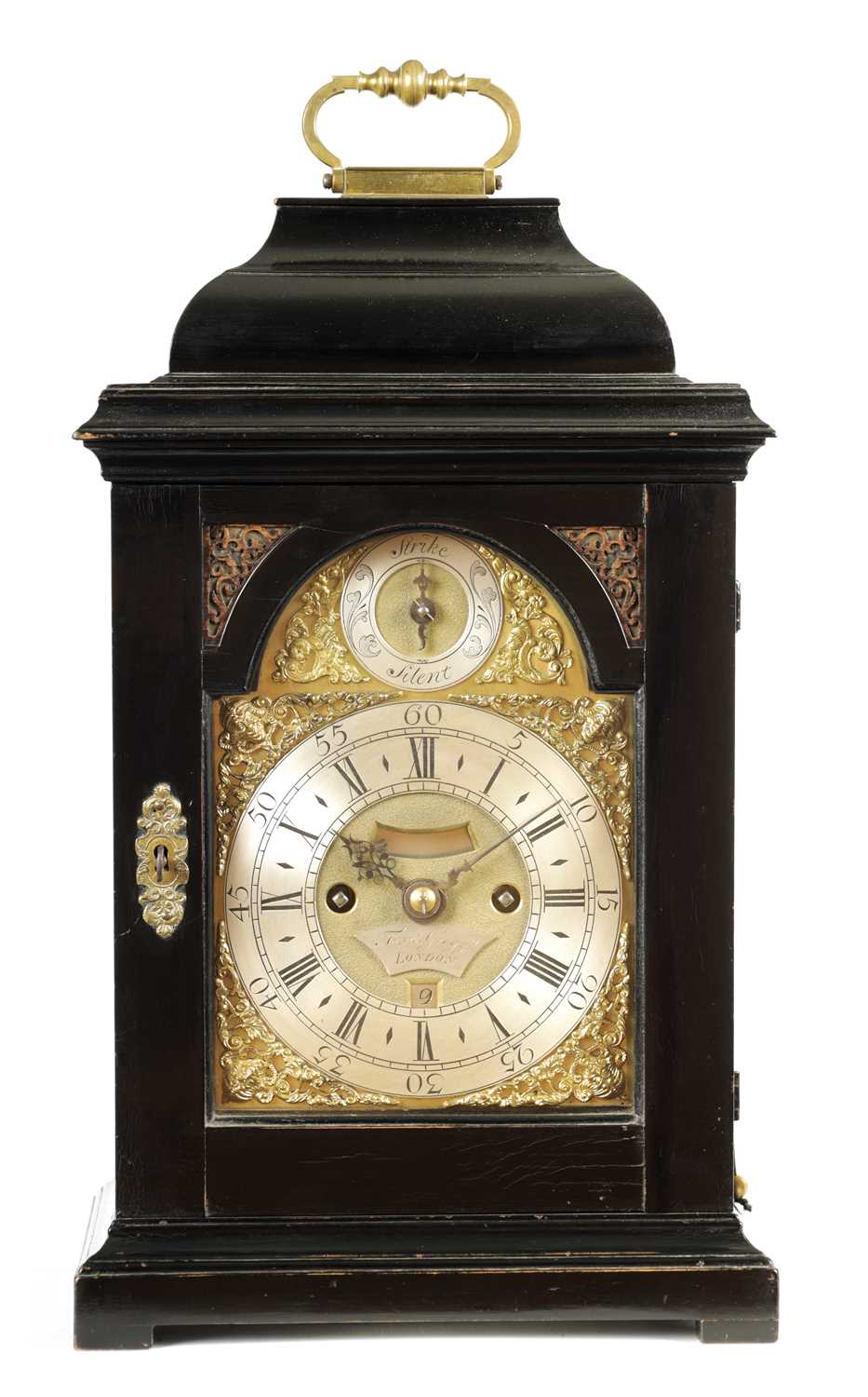 Lot 20 - FRANCIS GREGG, LONDON. A GEORGE I EBONISED QUARTER REPEATING BRACKET CLOCK OF SMALL PROPORTIONS