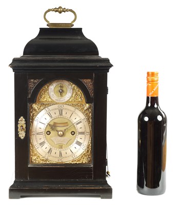 Lot 20 - FRANCIS GREGG, LONDON. A GEORGE I EBONISED QUARTER REPEATING BRACKET CLOCK OF SMALL PROPORTIONS