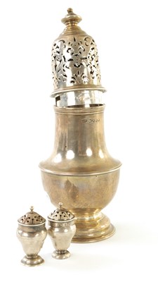 Lot 395 - A LATE 19TH CENTURY SILVER SUGAR CASTER TOGETHER WITH A PAIR OF SILVER SALT AND PEPPER