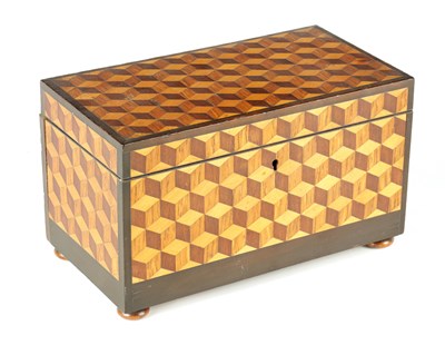 Lot 641 - A 19TH CENTURY CUBE PARQUETRY TEA CADDY