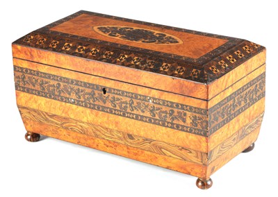 Lot 648 - A 19TH CENTURY FIGURED SATINWOOD TUNBRIDGE WARE TEA CADDY