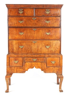 Lot 1042 - AN EARLY 18TH CENTURY FIGURED WALNUT CHEST ON STAND