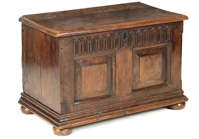 Lot 672 - A LATE 17TH CENTURY OAK MINIATURE COFFER