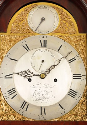 Lot 839 - FRANCIS PERIGAL, BOND STREET, LONDON . A GEORGE III FIGURED MAHOGANY LONGCASE CLOCK