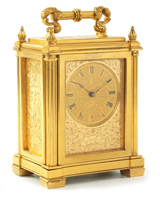 Lot 36 - A SMALL MID 19TH CENTURY ENGLISH FUSEE GILT BRASS CARRIAGE CLOCK