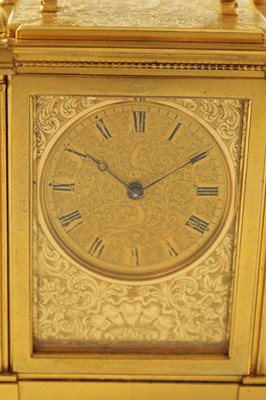 Lot 36 - A SMALL MID 19TH CENTURY ENGLISH FUSEE GILT BRASS CARRIAGE CLOCK