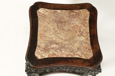 Lot 103 - A 19TH CENTURY CHINESE HARDWOOD AND MARBLE SHAPED JARDINIERE STAND