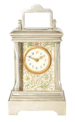 Lot 498 - AN EARLY 20TH CENTURY SWISS MINIATURE SILVER AND CLOISONNE ENAMEL CARRIAGE CLOCK WITH ALARM