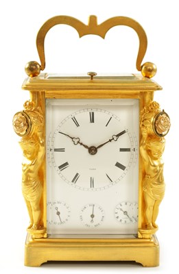 Lot 511 - BARBOTTE A PARIS. A 19TH CENTURY GILT BRASS REPEATING CARRIAGE CLOCK WITH CALENDAR AND DUAL TIME ZONES