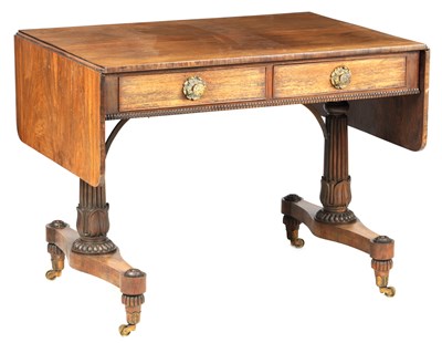 Lot 1063 - A REGENCY FIGURED ROSEWOOD DROP-END SOFA TABLE