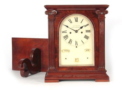 Lot 571 - GEORGE TAYLOR, WOLVERHAMPTON. A RARE FIGURED MAHOGANY PERPETUAL CALENDAR BRACKET CLOCK ON BRACKET