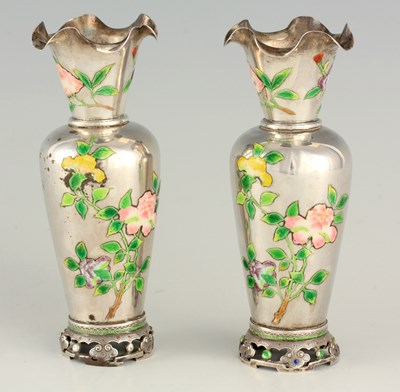Lot 88 - A PAIR OF 19TH CENTURY CHINESE SILVER AND ENAMEL VASES