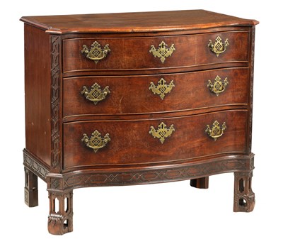 Lot 709 - AN UNUSUAL GEORGE III AND LATER MAHOGANY CHIPPENDALE DESIGN COMMODE OF SERPENTINE OUTLINE