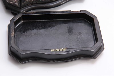 Lot 239 - A 19TH CENTURY EBONISED SERPENTINE SHAPED TEA CADDY DECORATED WITH MOTHER OF PEARL ORIENTAL SCENES