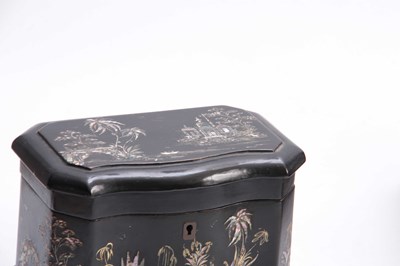 Lot 239 - A 19TH CENTURY EBONISED SERPENTINE SHAPED TEA CADDY DECORATED WITH MOTHER OF PEARL ORIENTAL SCENES