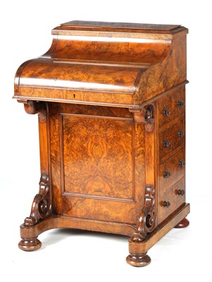 Lot 708 - A 19TH CENTURY BURR WALNUT PIANO-TOP DAVENPORT