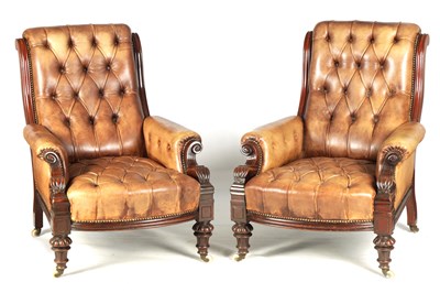 Lot 748 - A PAIR OF 19TH CENTURY LEATHER BUTTON BACKED UPHOLSTERED ARMCHAIRS