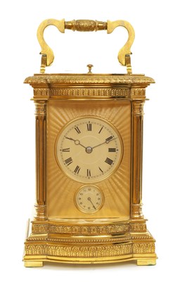 Lot 10 - A LATE 19TH CENTURY FRENCH LACQUERED BRASS GRANDE SONNERIE CARRIAGE CLOCK REPEATER OF LARGE SIZE