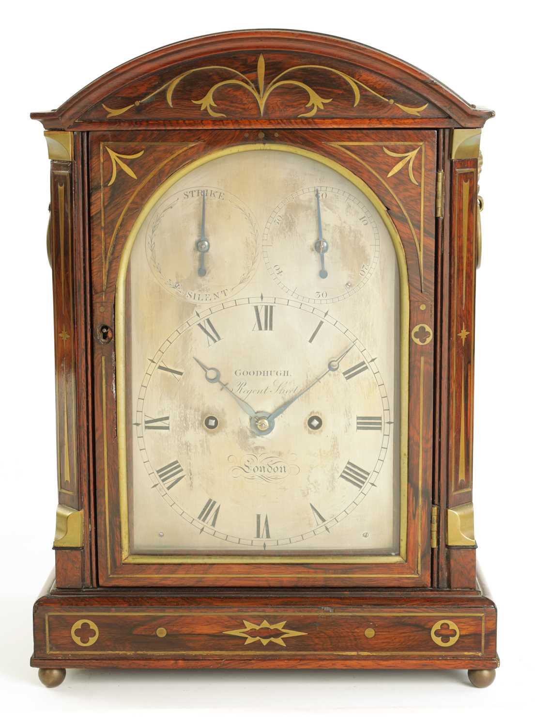 Lot 94 - GOODHUGH, REGENT STREET, LONDON.  A REGENCY BRASS MOUNTED AND INLAID ROSEWOOD BRACKET CLOCK OF SMALL PROPORTIONS