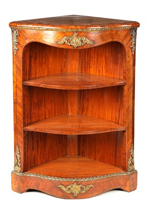 Lot 1070 - A 19TH CENTURY FRENCH BURR WALNUT, KINGWOOD AND SATINWOOD CORNER DISPLAY CABINET