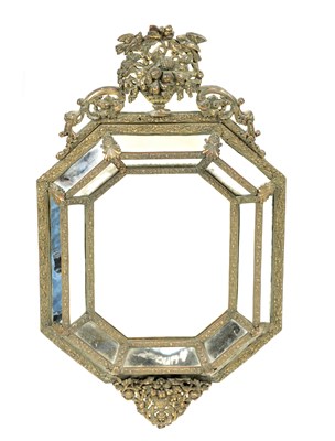 Lot 1015 - A 19TH CENTURY CONTINENTAL PRESSED BRASS HANGING MIRROR