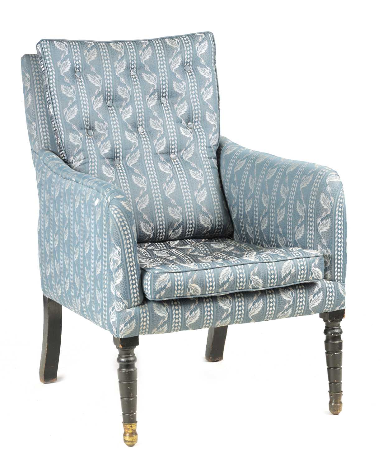 Lot 1002 - A 19TH CENTURY EBONISED UPHOLSTERED CHIR IN THE MANNER OF HOWARD AND SONS