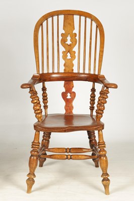 Lot 1096 - A PAIR OF 19TH CENTURY ASH AND ELM HIGH BACK BROAD ARM WINDSOR CHAIRS