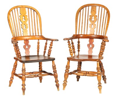 Lot 1096 - A PAIR OF 19TH CENTURY ASH AND ELM HIGH BACK BROAD ARM WINDSOR CHAIRS