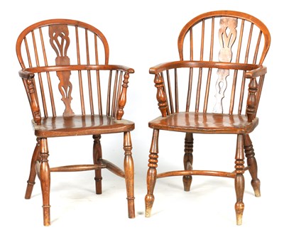 Lot 1023 - A MATCHED PAIR OF 19TH CENTURY LOW BACK YEW WOOD WINDSOR CHAIRS