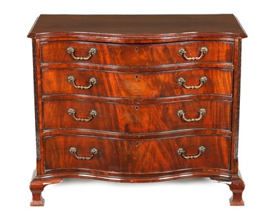 Lot 729 - A GOOD 19TH CENTURY FIGURED MAHOGANY CHIPPENDALE REVIVAL
SERPENTINE CHEST OF SMALL SIZE