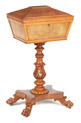 Lot 362 - A 19TH CENTURY BURR OAK TEAPOY IN THE MANNER OF GILLOWS