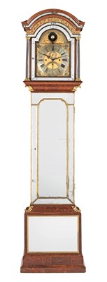 Lot 34 - GEORGE CLARKE IN LEADENHALL STREET, LONDON. A FINE AND VERY RARE MID 18TH CENTURY ORMOLU-MOUNTED WALNUT MUSICAL AND ASTRONOMICAL LONGCASE CLOCK WITH MIRRORED PANELS