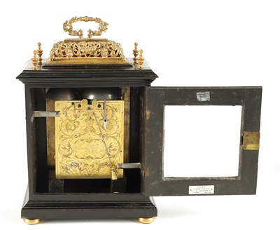 Lot 60 - JONATHAN LOWNDES IN YE PALL MALL, (LONDON).  A WILLIAM AND MARY EBONY VENEERED GILT BRASS MOUNTED BASKET TOP BRACKET CLOCK CIRCA 1685