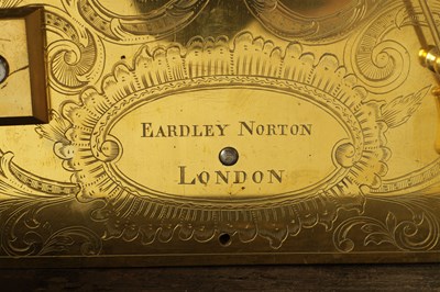 Lot 88 - EARDLEY NORTON, LONDON.  AN IMPOSING GEORGE III MAHOGANY AND BRASS MOUNTED THREE TRAIN BRACKET CLOCK OF UNUSUALLY  LARGE SIZE        LARGE