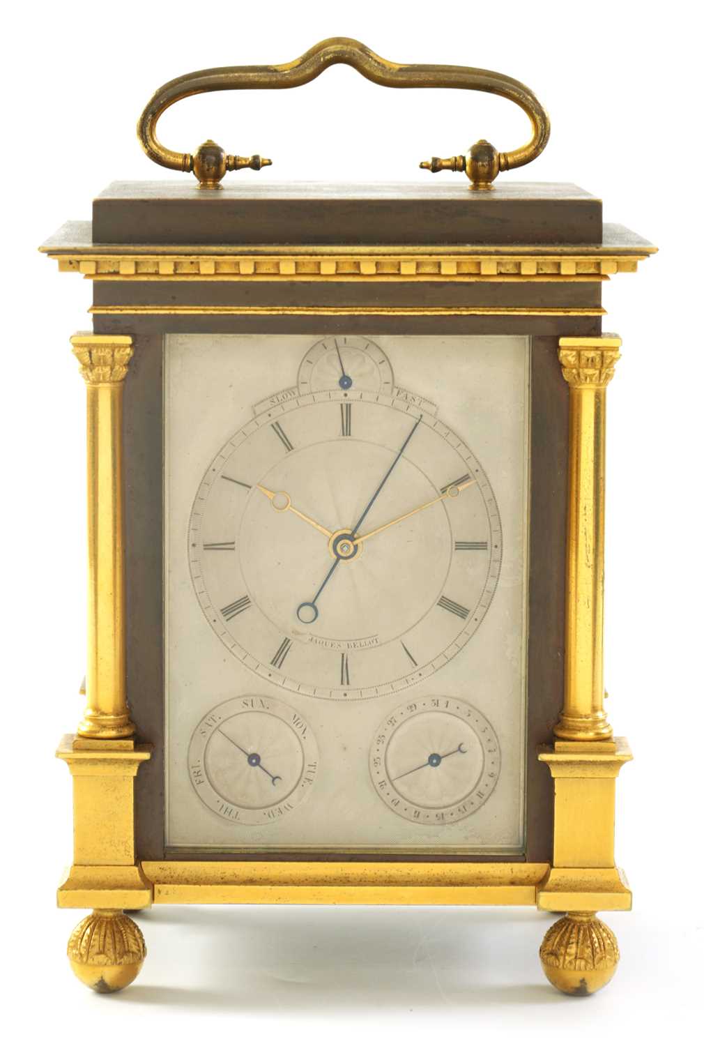 Lot 14 - JAQUES BELLOT, GENEVE.  A RARE EARLY 19TH CENTURY SWISS GILT AND PATINATED BRONZE GRANDE SONNERIE TRAVELLING CLOCK WITH CENTRE SECONDS AND CALENDAR WORK