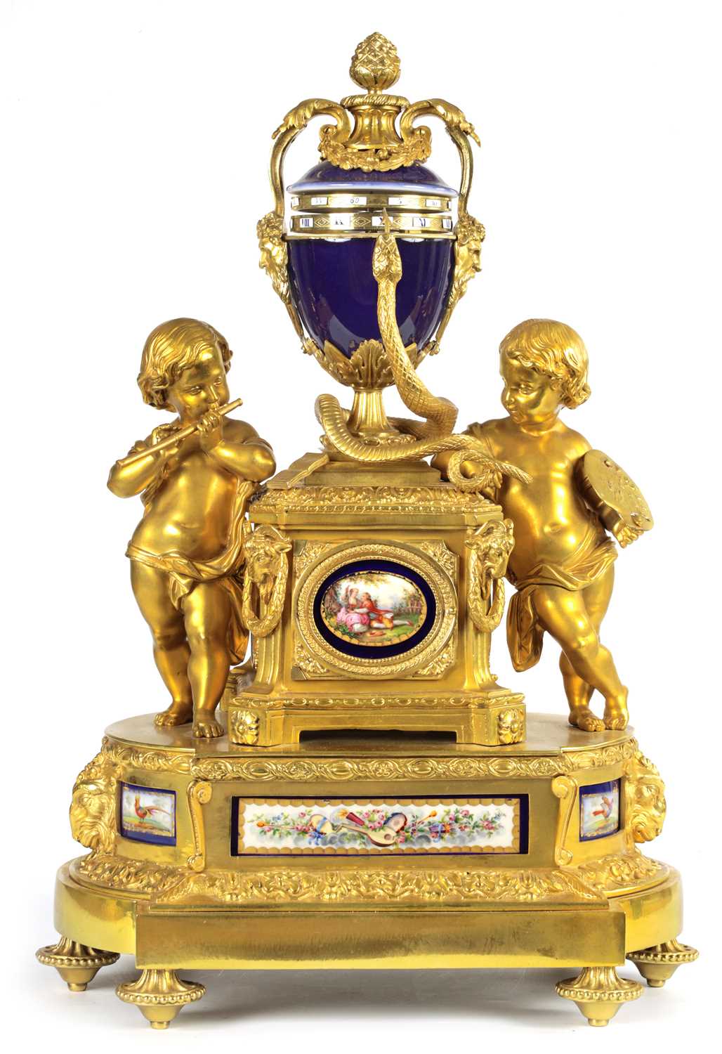 Lot 17 - A FINE MID 19TH FRENCH ORMOLU AND 'SEVRES' PORCELAIN MOUNTED REVOLVING URN CLOCK