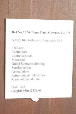 Lot 45 - WILLIAM PLATT, CHESTER. A FINE AND RARE GEORGE III ASTRONOMICAL SOLAR TIME QUARTER CHIMING LONGCASE CLOCK