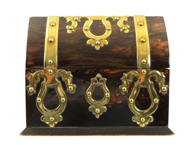 Lot 638 - A 19TH CENTURY BRASS BOUND COROMANDEL LANCET-TOP CORRESPONDENCE BOX