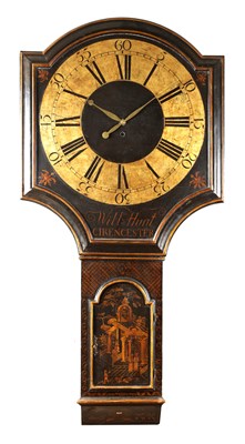 Lot 96 - WILLIAM HUNT, CIRENCESTER.  A MID 18TH CENTURY SHIELD SHAPED LACQUERED CHINOISERIE DECORATED TAVERN CLOCK
