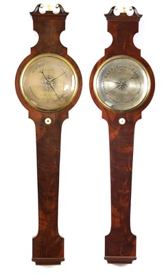 Lot 26 - JOSHUA LONG  20 LITTLE  TOWER STREET  LONDON. A RARE PAIR OF LATE GEORGIAN FIGURED MAHOGANY INVERTED WHEEL BAROMETER AND THERMOMETERS