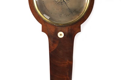 Lot 26 - JOSHUA LONG  20 LITTLE  TOWER STREET  LONDON. A RARE PAIR OF LATE GEORGIAN FIGURED MAHOGANY INVERTED WHEEL BAROMETER AND THERMOMETERS